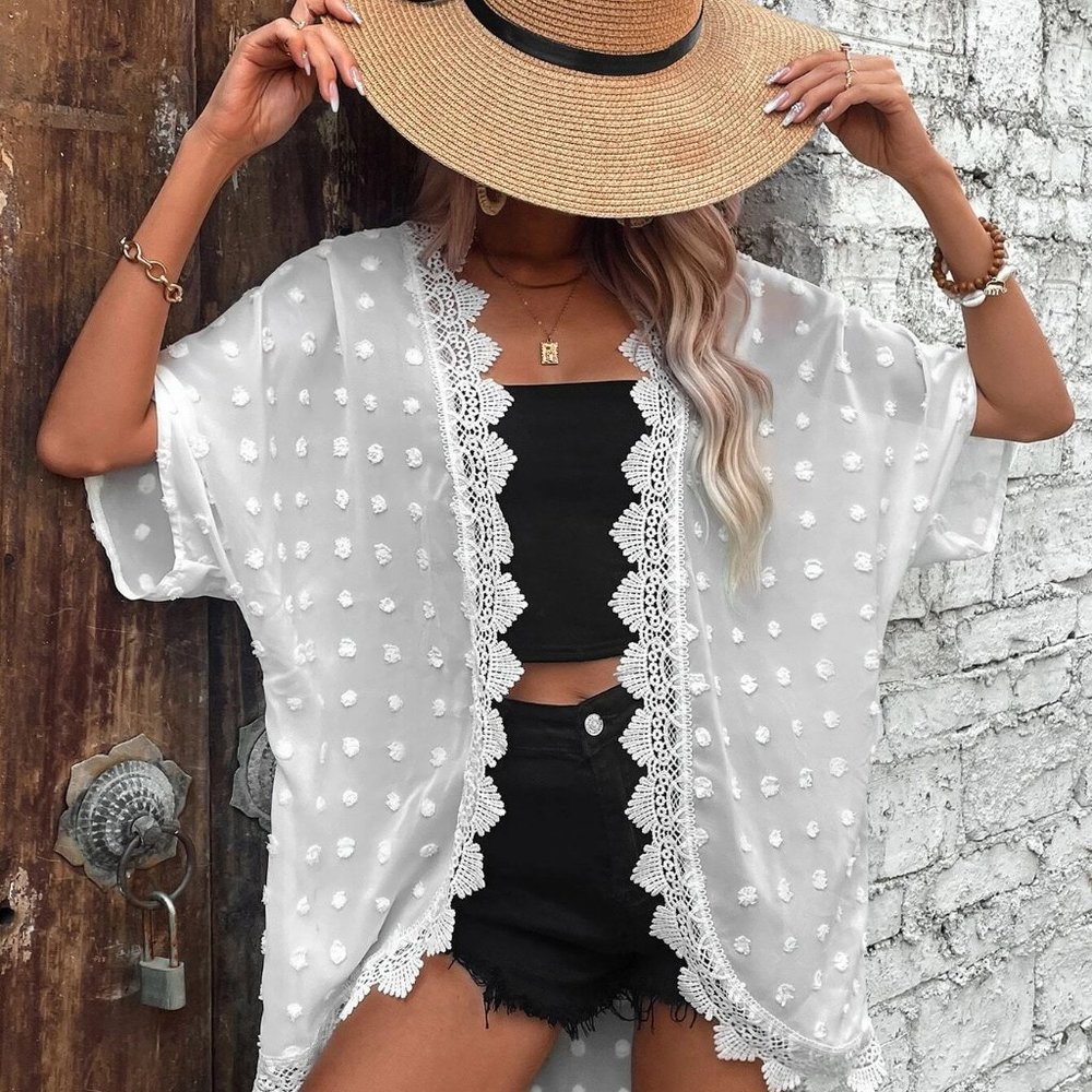 White Boho Womens Swiss Dot Contrast Lace Dolman Sleeve Kimono - Picture 3 of 5